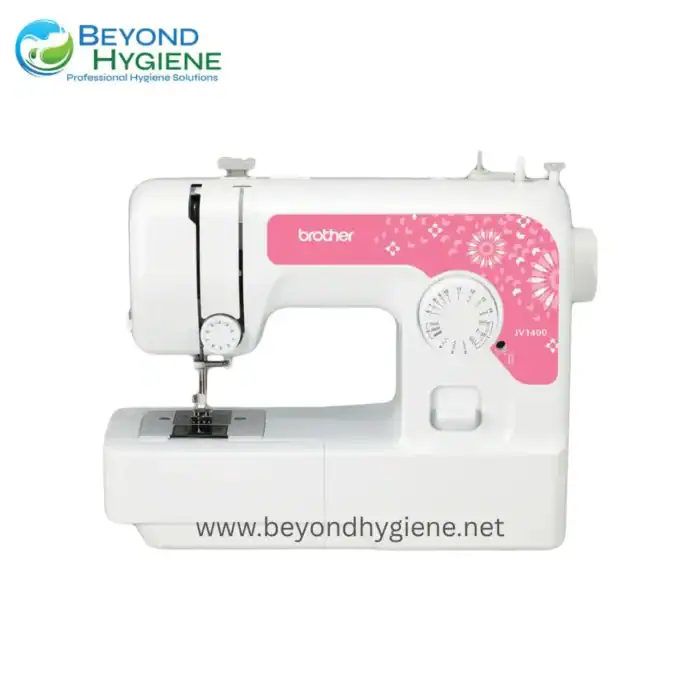 Brother sewing machine with pink floral design, professional hygiene solution, durable textile tool, used for clothing and fabric manufacturing, part of beyond hygiene Asia's sanitation equipment collection.