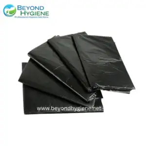 Black disposable hygiene bags for sanitation and personal use from Beyond Hygiene Asia. Ideal for proper waste disposal in cleaning services and healthcare settings.