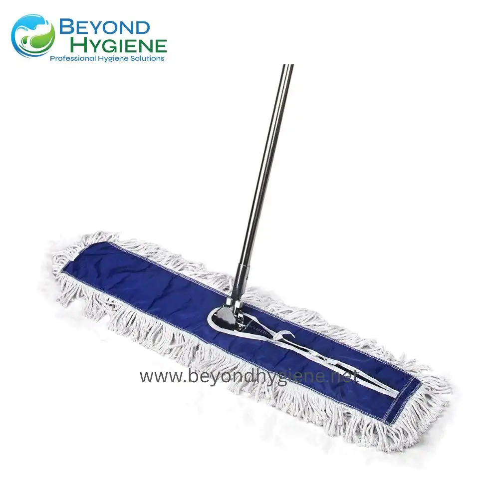Dustmop with Handle Set (Deluxe) 48 Cleaning mop with blue microfiber pad and white fringe, ideal for professional hygiene solutions in Asia.