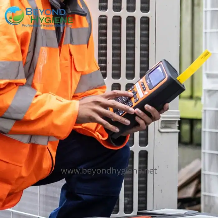 Testing handheld digital sanitation equipment for cleaning and hygiene compliance in industrial facilities.