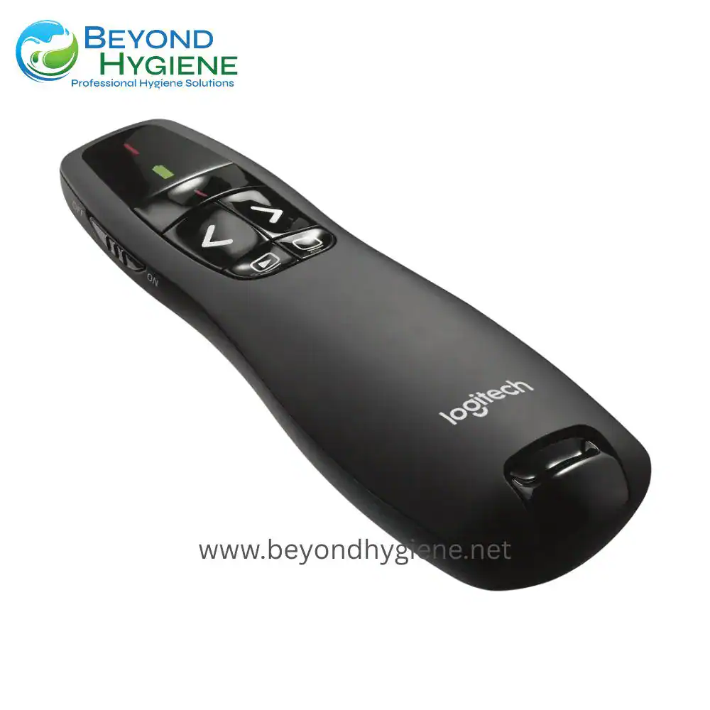 R400 Laser Presentation Remote (2) Remote control device for hygiene equipment, professional hygiene solutions, Beyond Hygiene Asia logo, black Logitech remote, versatile hygiene control tool, digital hygiene device for commercial use.