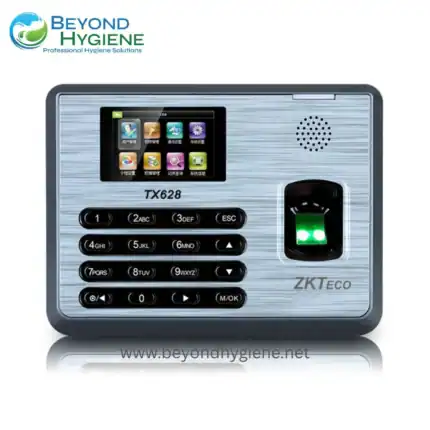 Biometric time clock with touchscreen interface for employee attendance tracking, featuring fingerprint scanner, keypad, and digital display, designed for professional hygiene solutions in Asia.