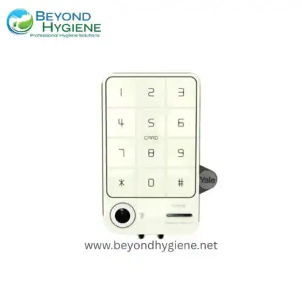Yale digital keypad lock with card access, ideal for hygiene and security solutions in Asia, featuring a sleek design and advanced functionality for professional hygiene environments.