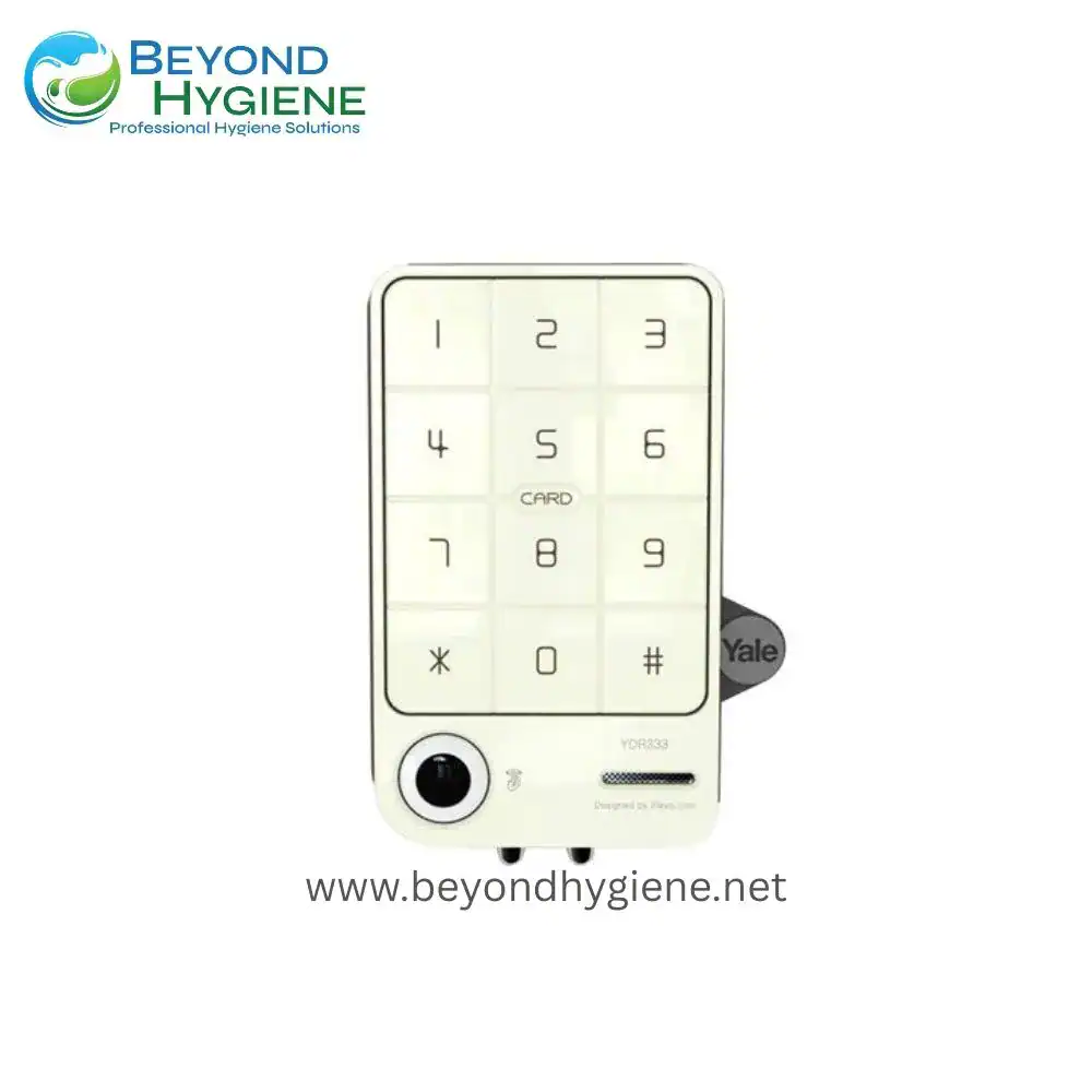 Yale digital keypad lock with card access, ideal for hygiene and security solutions in Asia, featuring a sleek design and advanced functionality for professional hygiene environments.