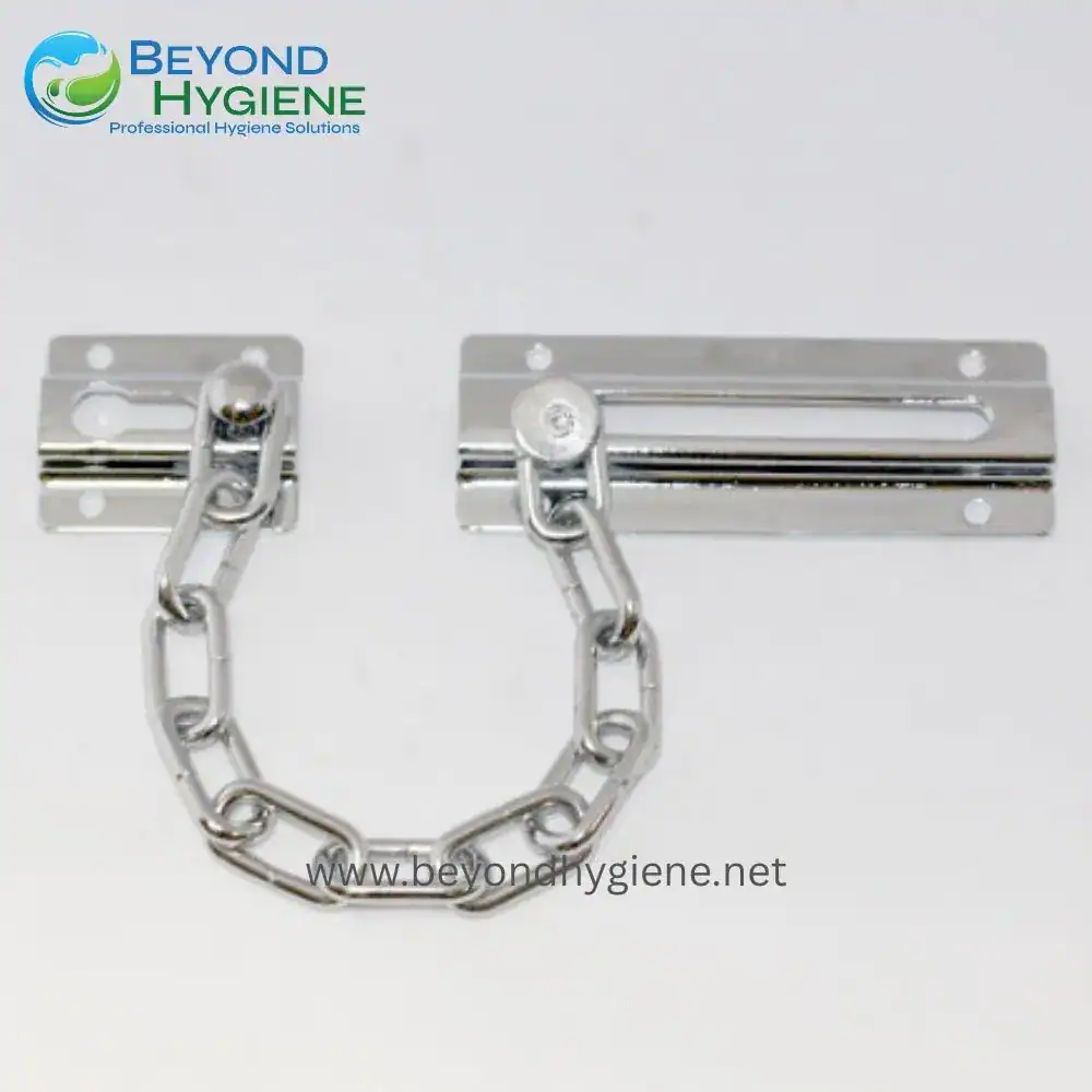 Folding door latch with chain, stainless steel security lock for hygiene and safety, ideal for commercial and residential use in Asia.