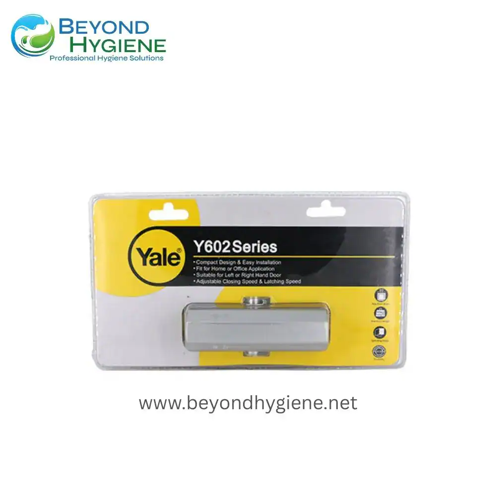 Yale Y602 Series door latch lock, compact and easy installation, suitable for both home and office use, fits left or right hand doors, adjustable closing speed and latching functionality.