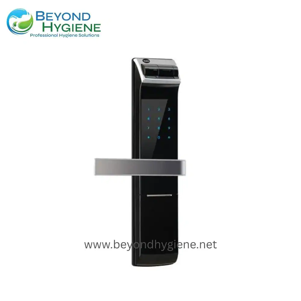 Automatic touchless sanitizer dispenser with digital keypad and sleek black design, ideal for professional hygiene solutions in Asian markets.