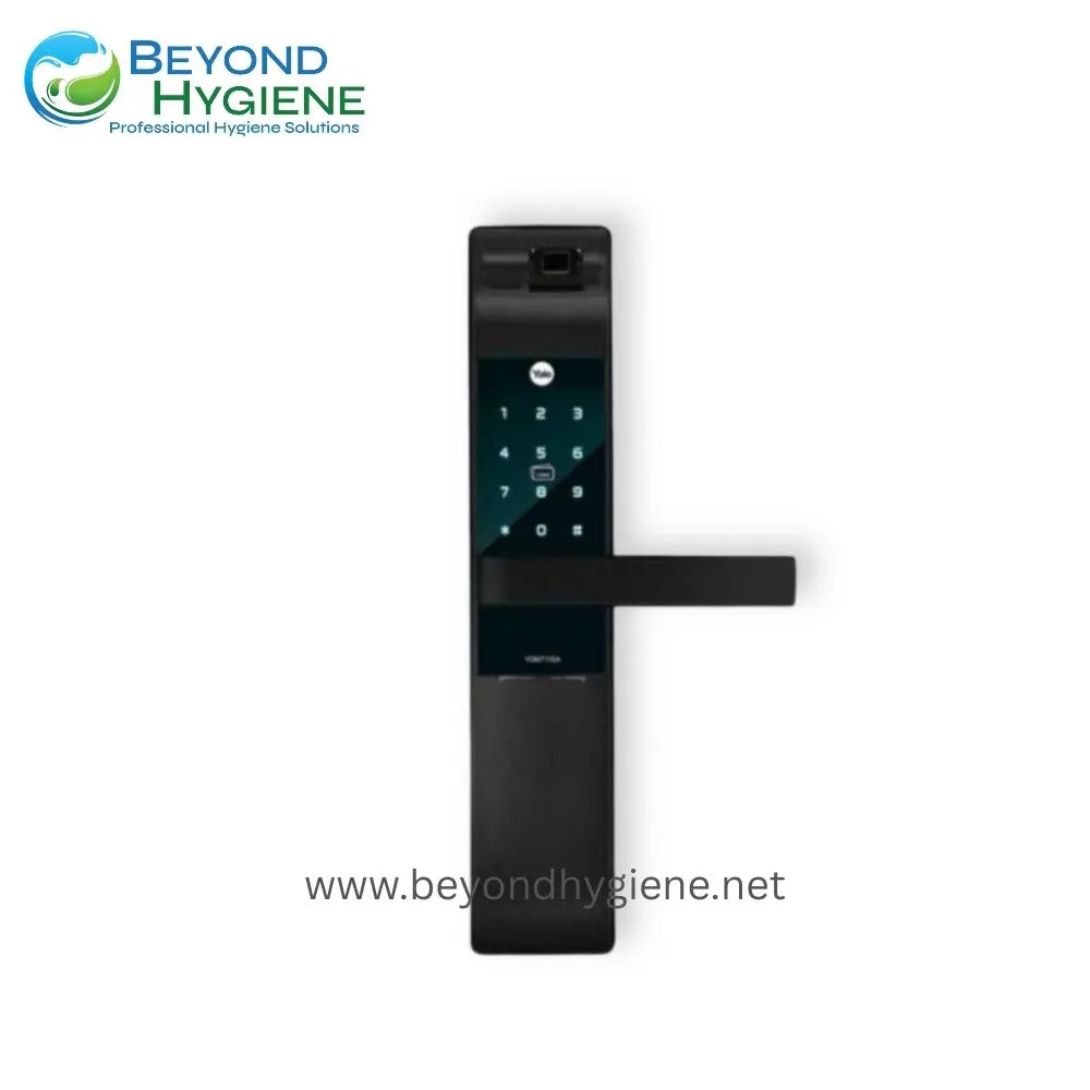 Digital smart door lock with keypad and fingerprint scanner for secure access control.