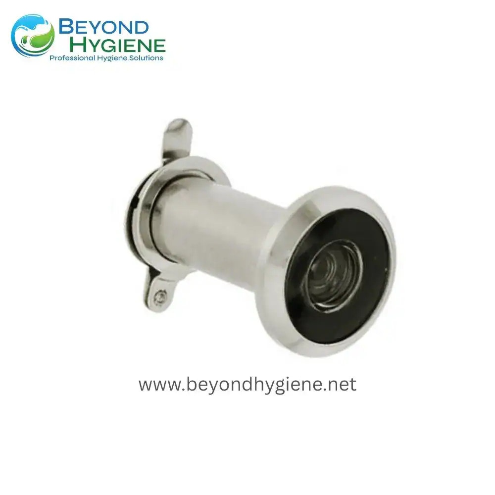 Stainless steel door viewer or peephole with a black lens, ideal for security and hygiene applications in commercial and healthcare facilities.