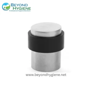 Stainless steel door stopper with rubber cushion for hygienic and durable wall protection in commercial and healthcare environments.
