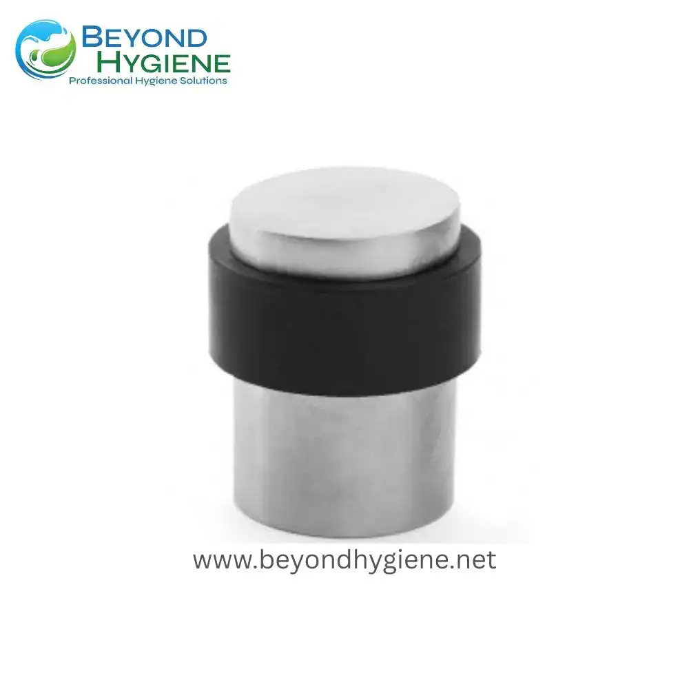 Stainless steel door stopper with rubber cushion for hygienic and durable wall protection in commercial and healthcare environments.