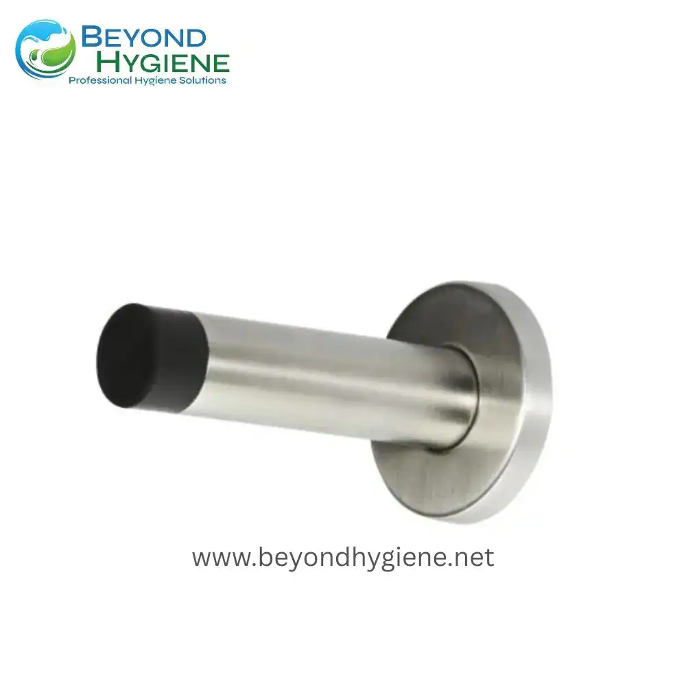 Stainless steel wall-mounted toilet paper holder with black tip for bathroom hygiene and sanitation. Durable, rust-resistant bathroom accessory designed for commercial and residential use.