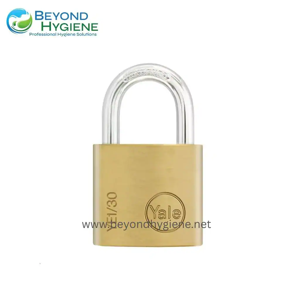Brass padlock with Yale logo, high security, durable lock for commercial and residential use, from Beyond Hygiene Asia.