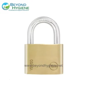 Brass padlock with transparent shackle for security and hygiene applications.