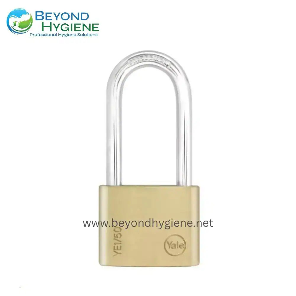 Yale padlock on white background for hygienic security, high-quality lock for business and personal safety, essential for hygiene-conscious environments, Beyond Hygiene Asia.