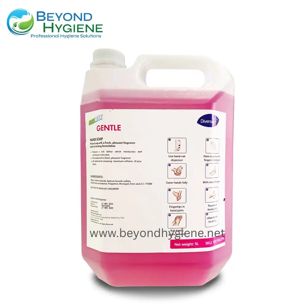 Gentle pink hand soap in a large 5L bottle with clear usage instructions, ideal for professional hygiene solutions in Asian markets.
