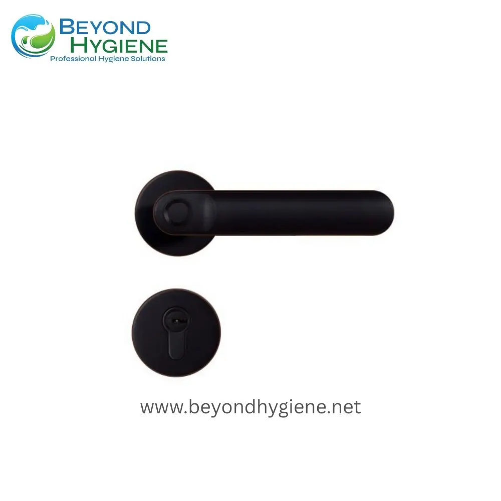 Black door handle and lock hardware, modern security and hygiene solutions from Beyond Hygiene Asia. Suitable for commercial and residential safety applications.