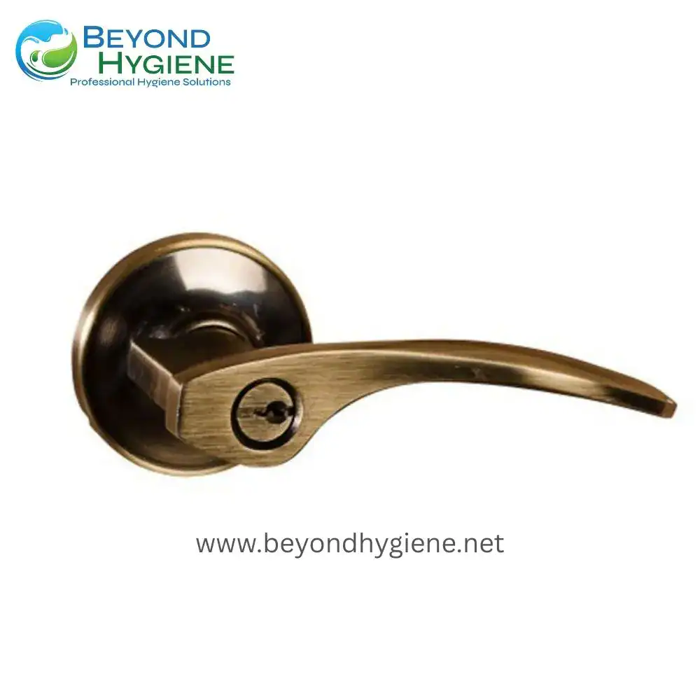 Brass door handle with lock, modern bathroom hardware, hygienic door equipment, quality hygiene solutions, beyond hygiene asia focus on safety and cleanliness for commercial and residential spaces.