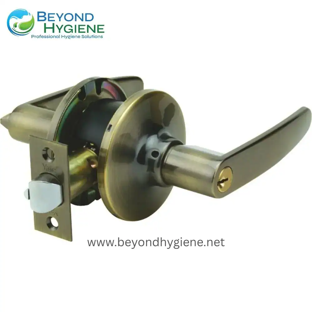 Yale door lock handle with brass finish, ideal for commercial hygiene and sanitation purposes, part of Beyond Hygiene's professional hygiene solutions in Asia.