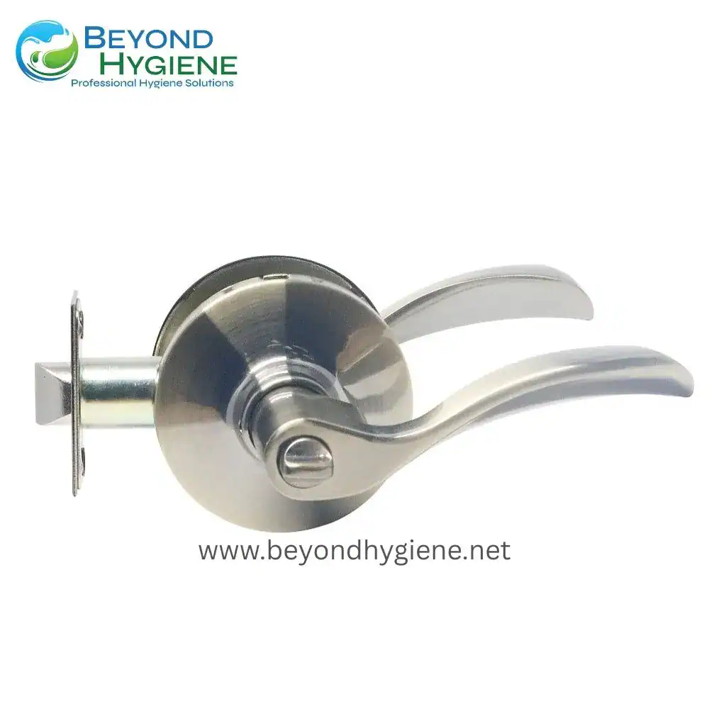 Door handle with modern stainless steel design, suitable for commercial and healthcare hygiene environments. Ensures sanitary door operation and easy cleaning, ideal for professional hygiene solutions.