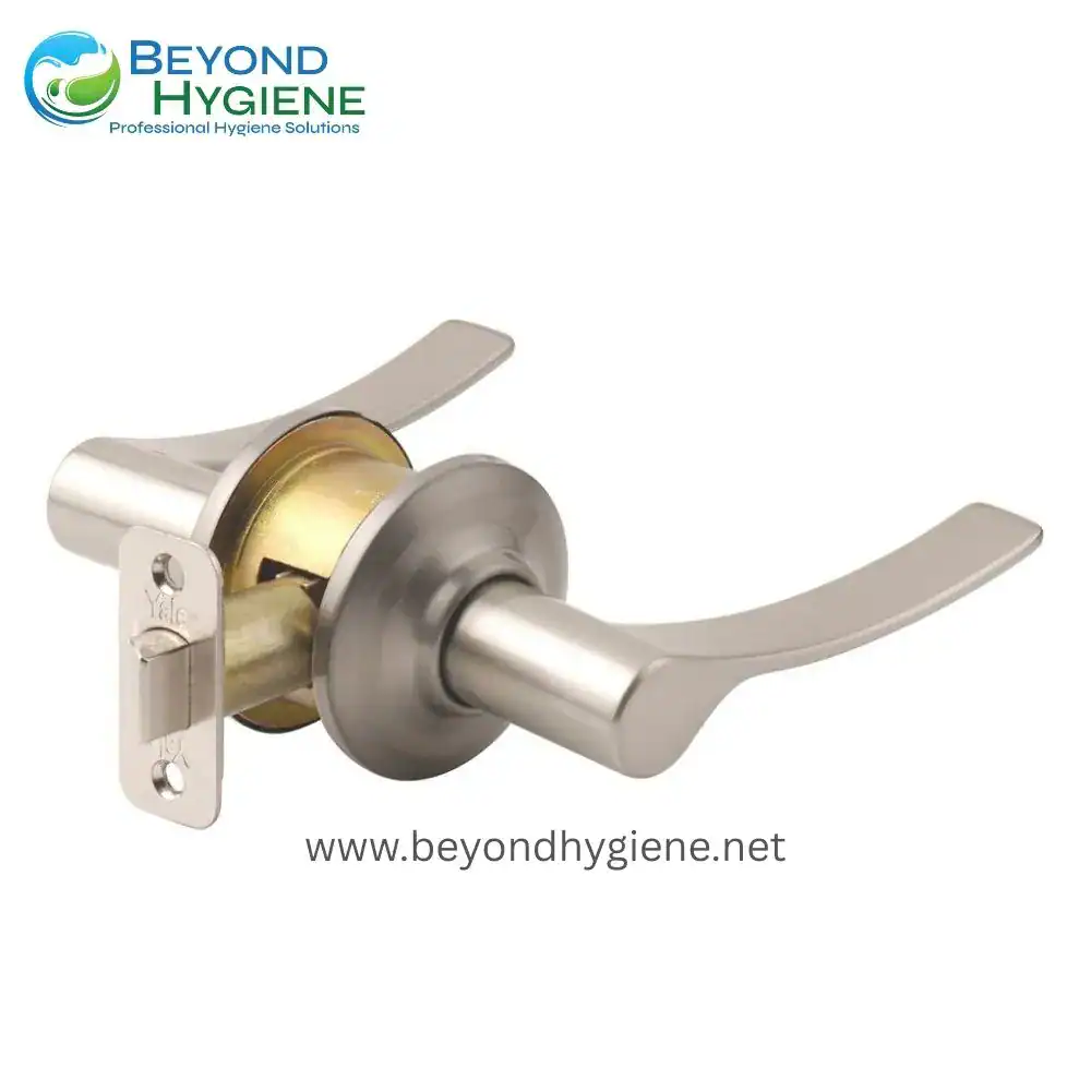 Yale door lock lever handle with metal finish, suitable for commercial and residential hygiene solutions.