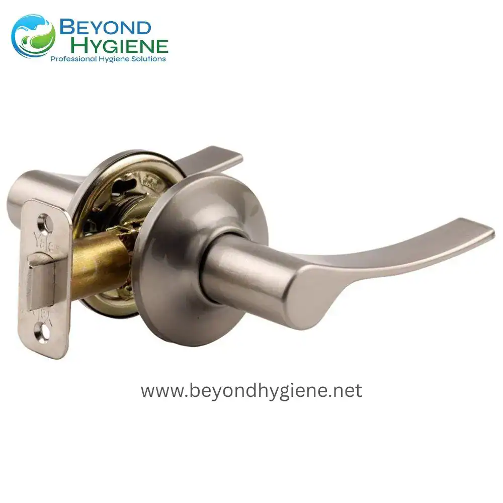 Brushed stainless steel door lock handle with latch mechanism, modern security hardware for commercial and residential doors, high-quality hygienic door hardware for healthcare settings.