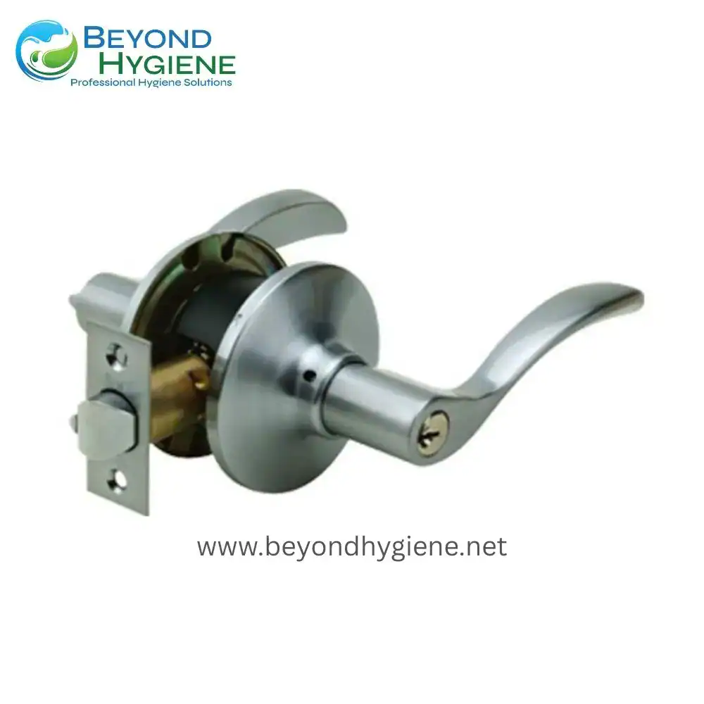 Heavy-duty stainless steel door lock handle with latch mechanism, ideal for commercial and hygiene-sensitive environments. Durable, corrosion-resistant, designed for secure access control.