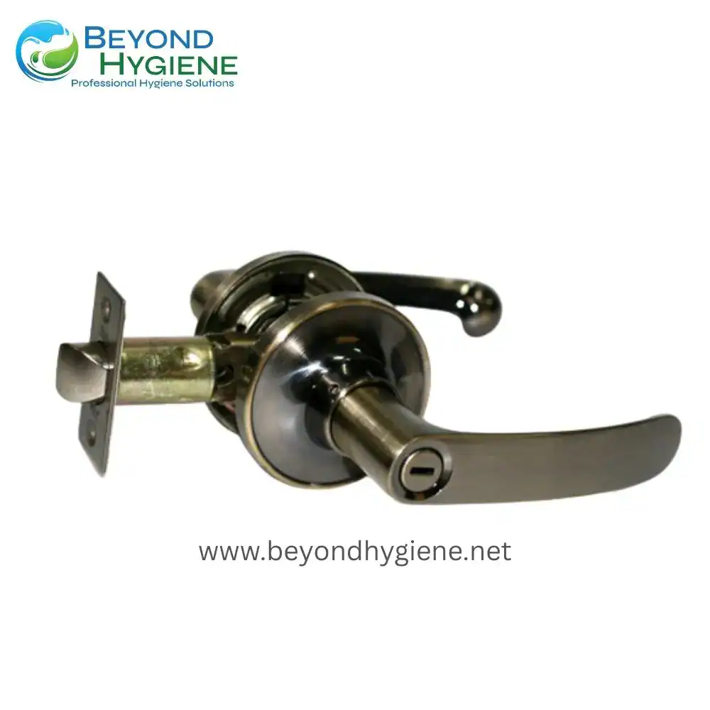 Door lock handle with keyhole, brushed nickel finish, for commercial and residential security, part of professional hygiene solutions by Beyond Hygiene Asia.