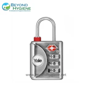 High-security combination padlock with Yale branding, metal construction, and numbered dials, ideal for securing facilities in hygiene and safety protocols.