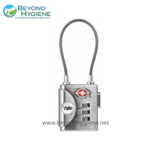 Yale combination padlock with metal cable, security lock for outdoor and industrial use, grey and silver design, branded with Yale logo, suitable for securing gates, lockers, and storage units.