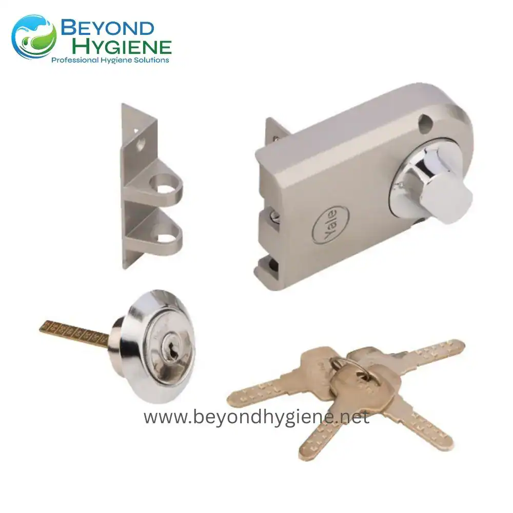 Premium door lock hardware with key and cylindrical locking mechanism, ideal for commercial and industrial hygiene solutions, durable and reliable.